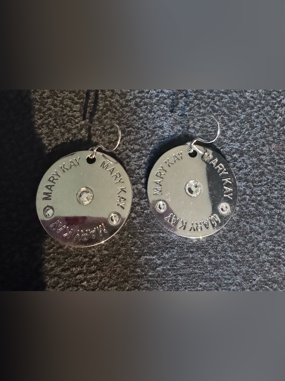 Mary Kay Silver Logo Disc Drop Earrings with Clear Crystal Accents